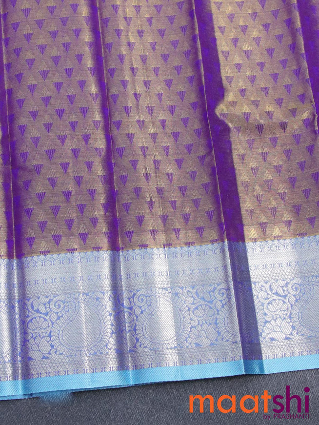 Pure tissue silk kids lehenga dual shade of violet and light blue with allover silver zari checked weaves and silver zari woven paisley border - for 0 to 2 years - {{ collection.title }} by Prashanti Sarees