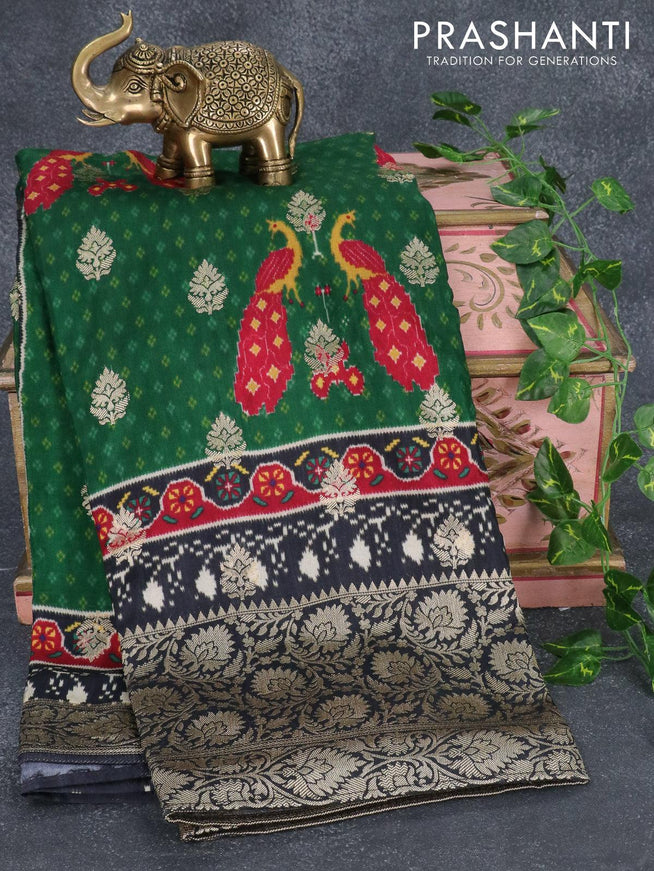 Raw silk saree green and black with allover ikat prints & zari buttas and long zari woven border - {{ collection.title }} by Prashanti Sarees