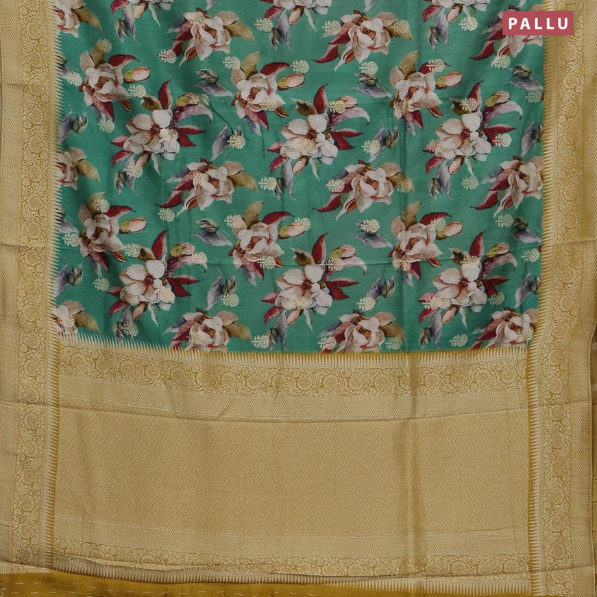 Raw silk saree green and yellow with floral prints & zari woven buttas and floral zari woven border - {{ collection.title }} by Prashanti Sarees