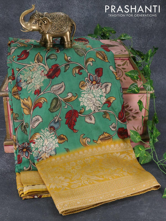 Raw silk saree green and yellow with kalamkari prints & zari buttas and long zari woven border - {{ collection.title }} by Prashanti Sarees