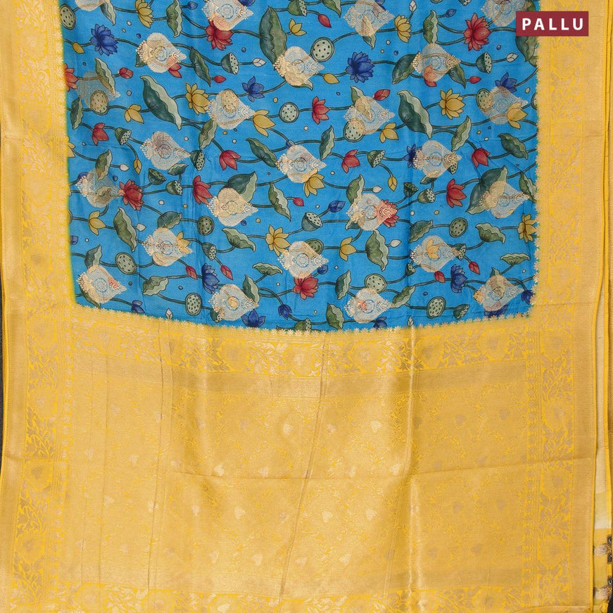 Raw silk saree light blue and yellow with pichwai prints & zari buttas and zari woven border - {{ collection.title }} by Prashanti Sarees