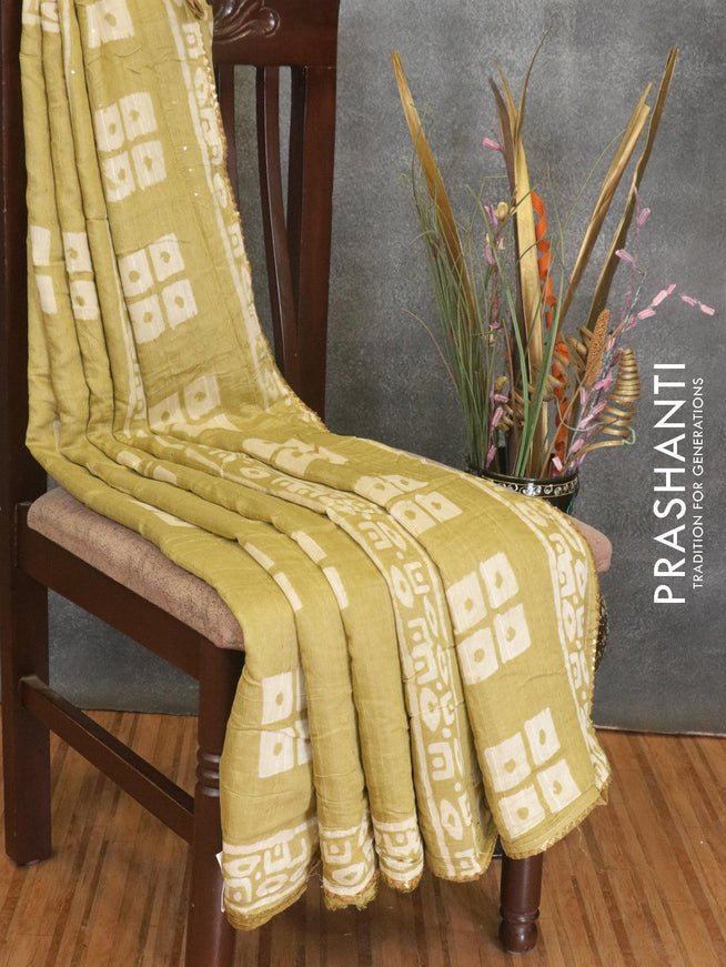 Semi chanderi saree lime yellow shade with batik prints & sequin work - {{ collection.title }} by Prashanti Sarees