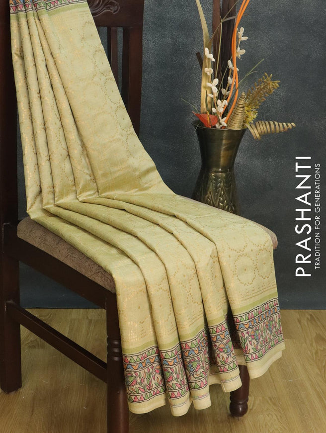 Semi chanderi saree pista green and beige with allover zari weaving and madhubani printed border - {{ collection.title }} by Prashanti Sarees