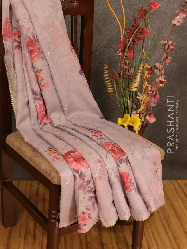 Semi organza saree grey shade with allover floral digital prints and gotapatti lace work - IBP10744 - {{ collection.title }} by Prashanti Sarees
