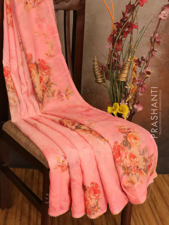 Semi organza saree pink shade with allover floral digital prints and gotapatti lace work - IBP10781 - {{ collection.title }} by Prashanti Sarees
