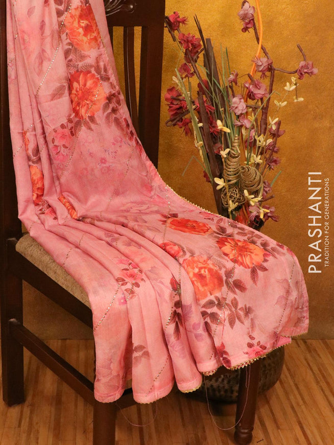 Semi organza saree pink shade with allover floral digital prints and gotapatti lace work - {{ collection.title }} by Prashanti Sarees