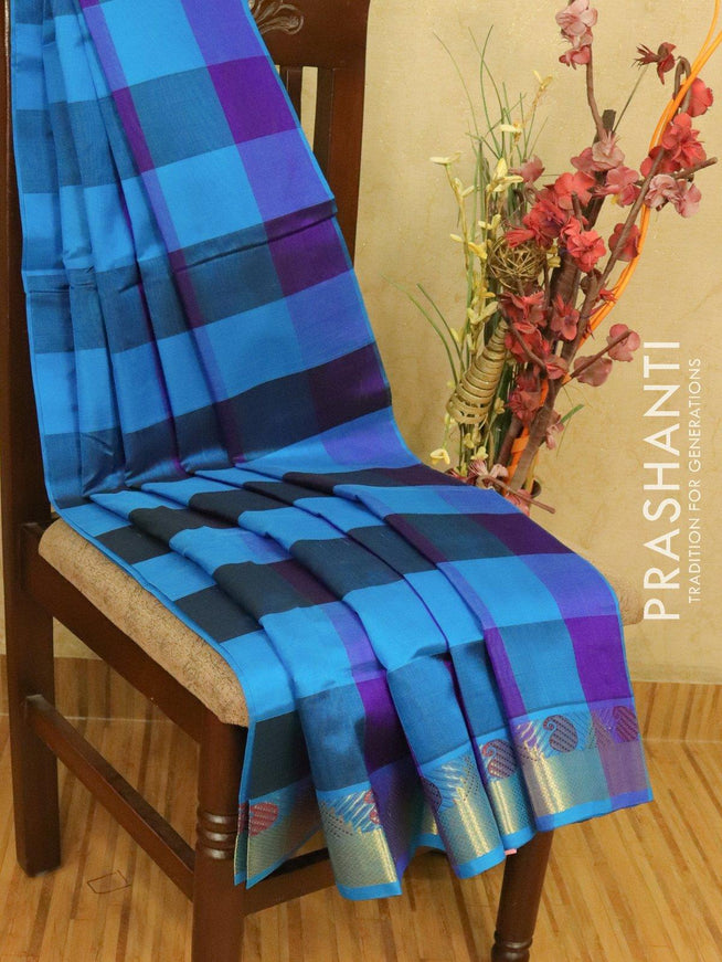 Silk cotton saree blue and cs blue with paalum pazhamum checks and zari woven border - {{ collection.title }} by Prashanti Sarees