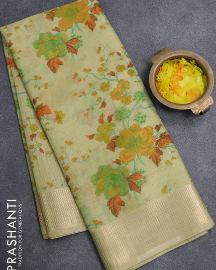 Tissue linen saree pista green with allover floral prints and zari woven border - {{ collection.title }} by Prashanti Sarees
