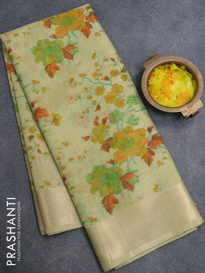 Tissue linen saree pista green with allover floral prints and zari woven border - {{ collection.title }} by Prashanti Sarees