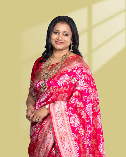 Pure banarasi uppada silk saree rani pink with allover thread & zari weaves and zari woven border