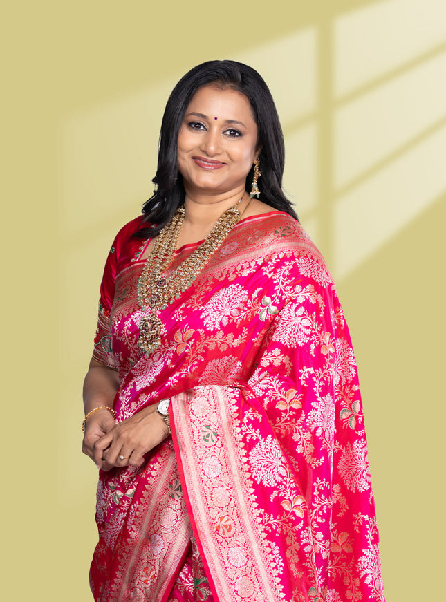 Pure banarasi uppada silk saree rani pink with allover thread & zari weaves and zari woven border