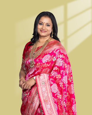 Pure banarasi uppada silk saree rani pink with allover thread & zari weaves and zari woven border