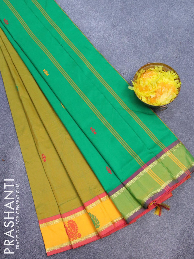 10 yards arani silk saree dual shade of yellowish green and yellow with thread woven buttas and thread woven butta border without blouse - {{ collection.title }} by Prashanti Sarees