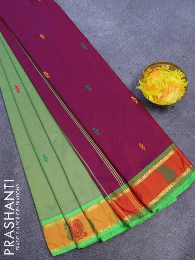 10 yards arani silk saree green shade and mustard yellow with thread woven buttas and thread woven butta border without blouse - {{ collection.title }} by Prashanti Sarees