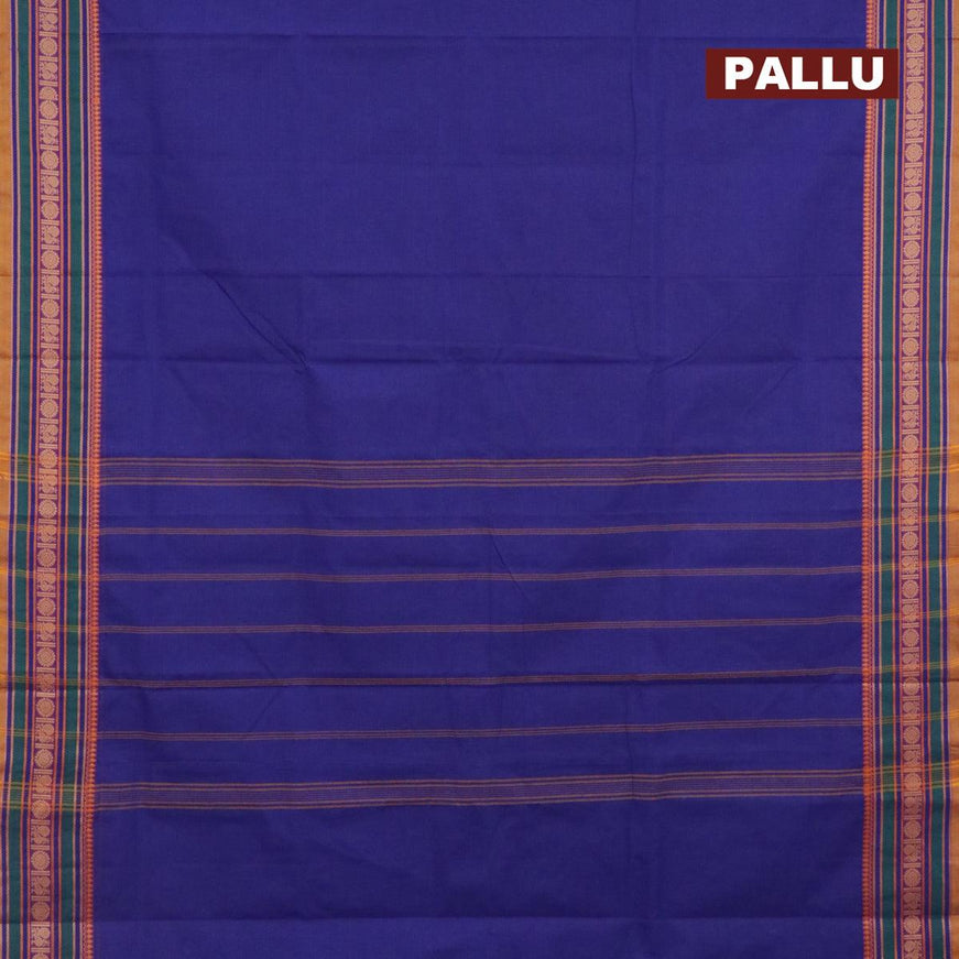 10 yards chettinad cotton saree blue and mustard yellow with plain body and thread woven border & woven blouse - {{ collection.title }} by Prashanti Sarees