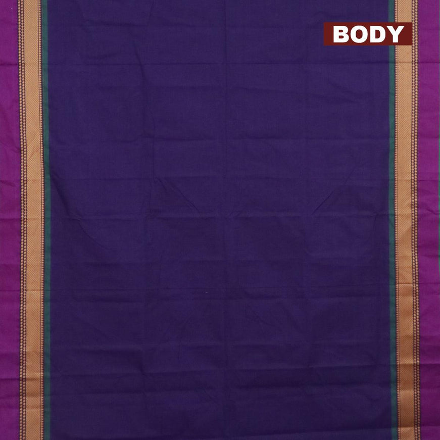 10 yards chettinad cotton saree blue and purple green with plain body and thread woven border & woven blouse - {{ collection.title }} by Prashanti Sarees