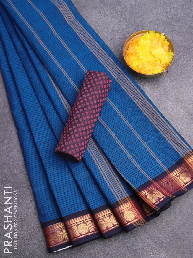 10 yards chettinad cotton saree cs blue and dark blue with allover stripes pattern and zari woven border & woven blouse - {{ collection.title }} by Prashanti Sarees