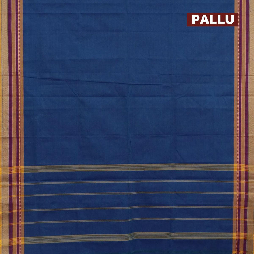 10 yards chettinad cotton saree cs blue and yellow with plain body and thread woven border & printed blouse - {{ collection.title }} by Prashanti Sarees