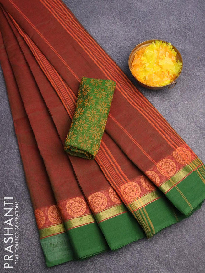 10 yards chettinad cotton saree dual shade of maroonish green and green with plain body and thread woven simple border & woven blouse - {{ collection.title }} by Prashanti Sarees