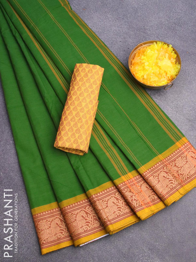 10 yards chettinad cotton saree green and mustard yellow with plain body and thread woven border & woven blouse - {{ collection.title }} by Prashanti Sarees