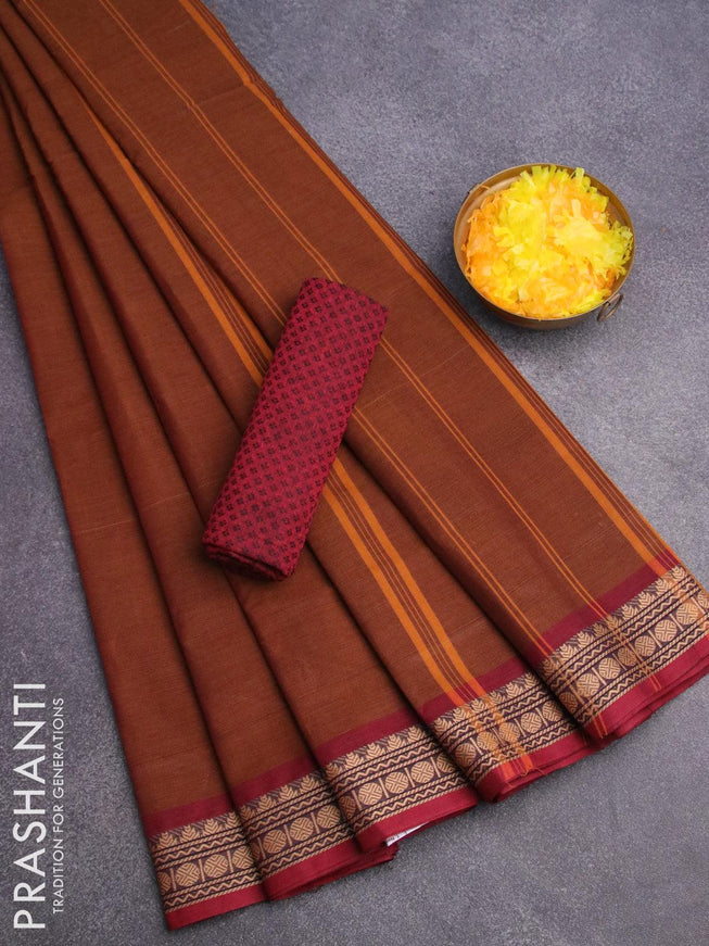 10 yards chettinad cotton saree honey shade and maroon with plain body and thread woven border & woven blouse - {{ collection.title }} by Prashanti Sarees