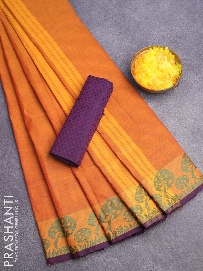 10 yards chettinad cotton saree mustard yellow and blue with plain body and thread woven border & woven blouse - {{ collection.title }} by Prashanti Sarees