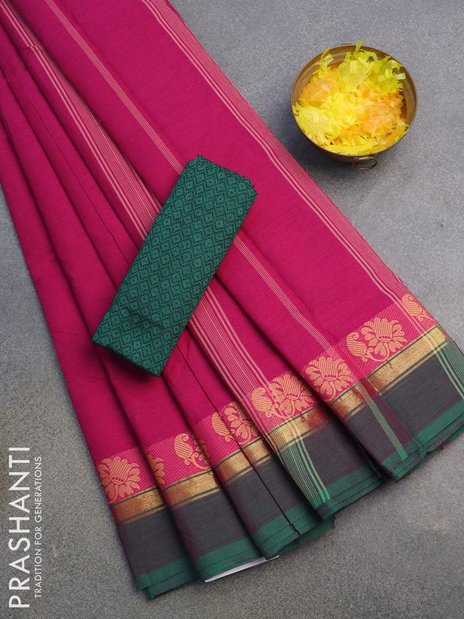 10 yards chettinad cotton saree pink and dual shade of green with plain body and thread woven border & woven blouse - {{ collection.title }} by Prashanti Sarees