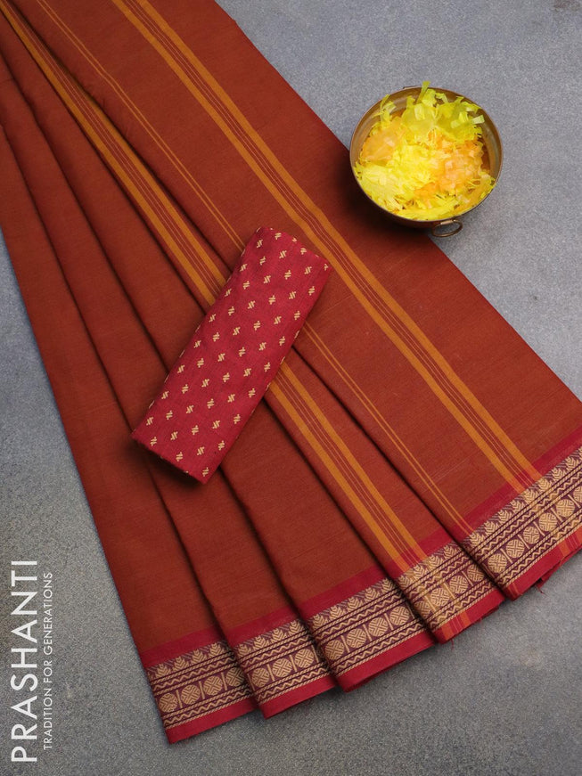 10 yards chettinad cotton saree rust shade and maroon with plain body and thread woven border & woven blouse - {{ collection.title }} by Prashanti Sarees