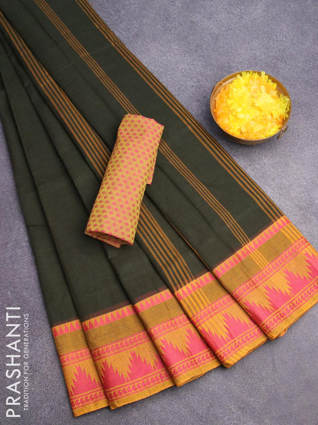 10 yards chettinad cotton saree sap green and mustard yellow with plain body and thread woven simple border & woven blouse - {{ collection.title }} by Prashanti Sarees