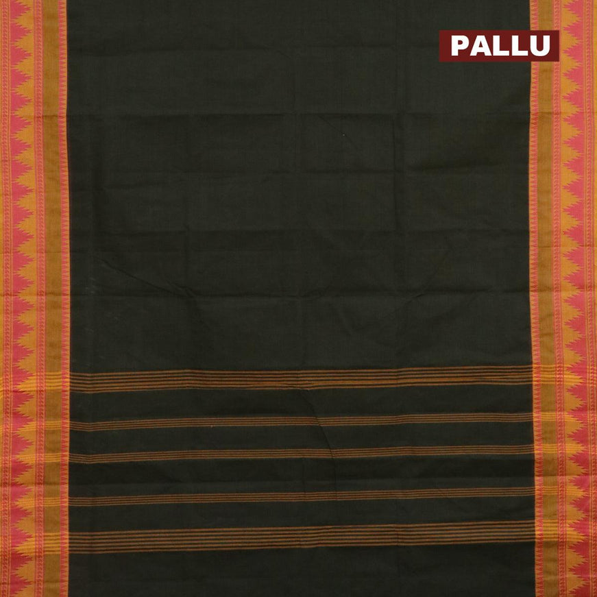 10 yards chettinad cotton saree sap green and mustard yellow with plain body and thread woven simple border & woven blouse - {{ collection.title }} by Prashanti Sarees
