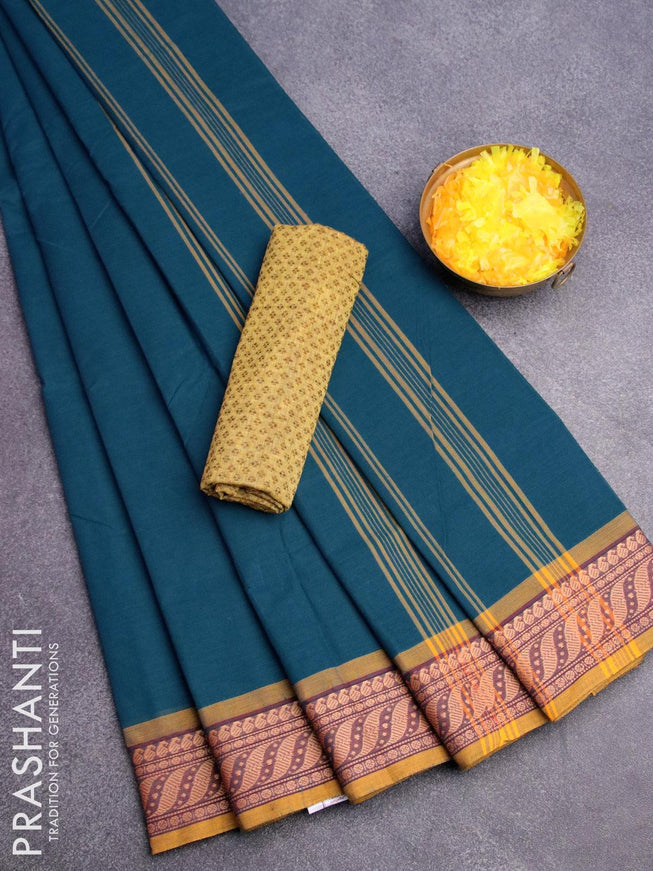 10 yards chettinad cotton saree teal blue and yellow with plain body and thread woven border & woven blouse - {{ collection.title }} by Prashanti Sarees