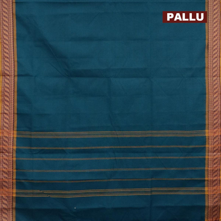 10 yards chettinad cotton saree teal blue and yellow with plain body and thread woven border & woven blouse - {{ collection.title }} by Prashanti Sarees
