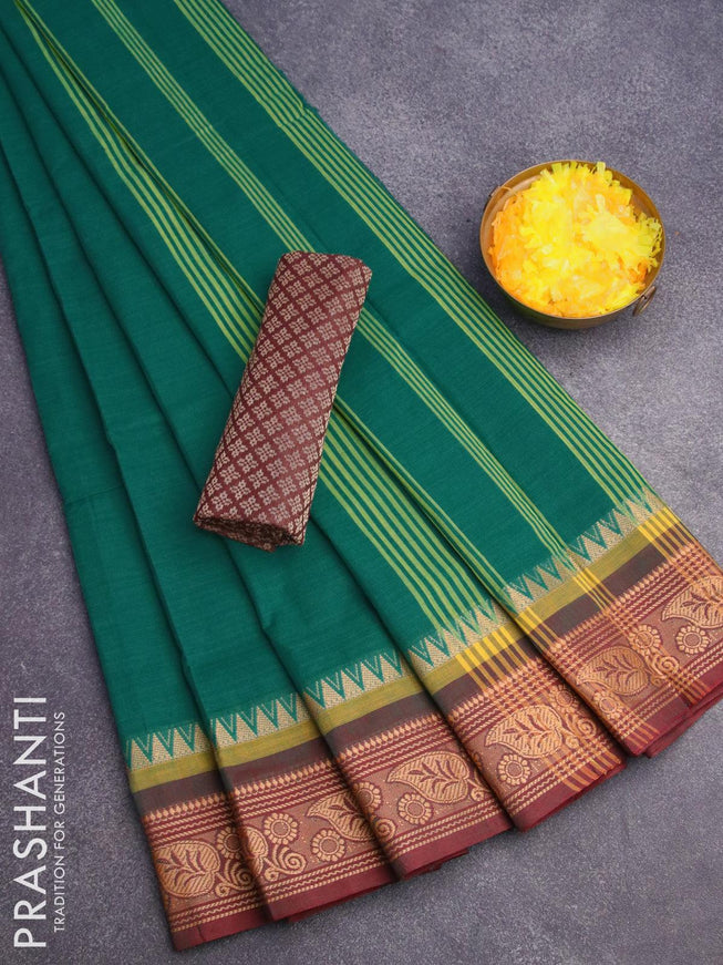 10 yards chettinad cotton saree teal green and coffee brown with plain body and thread woven border & woven blouse - {{ collection.title }} by Prashanti Sarees