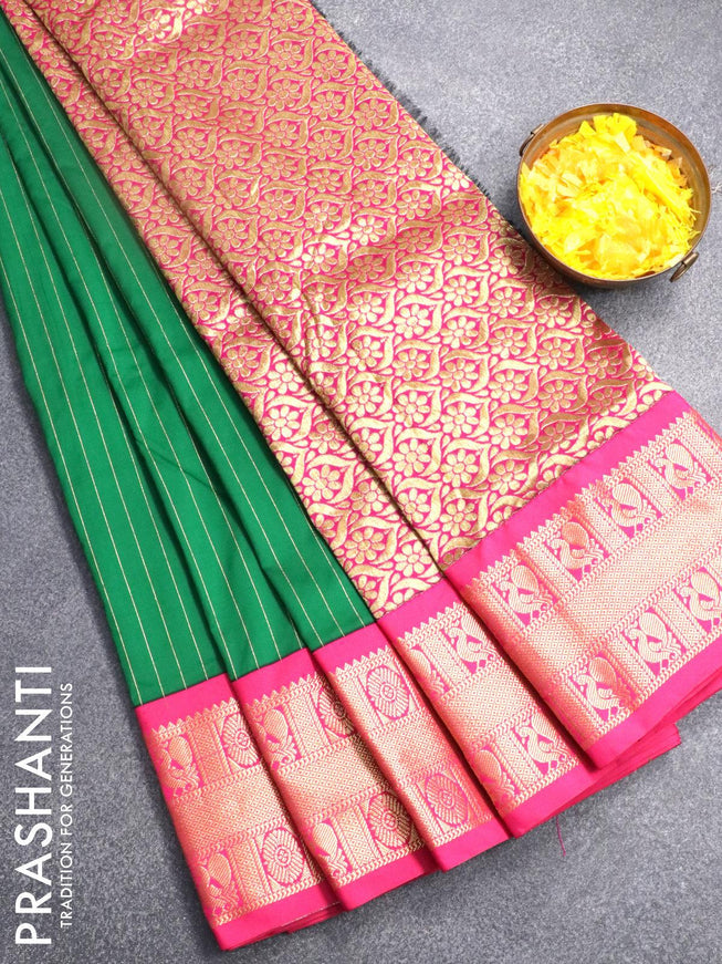 10 yards roopam silk saree green and pink with allover zari woven stripes pattern and annam zari woven border without blouse - {{ collection.title }} by Prashanti Sarees