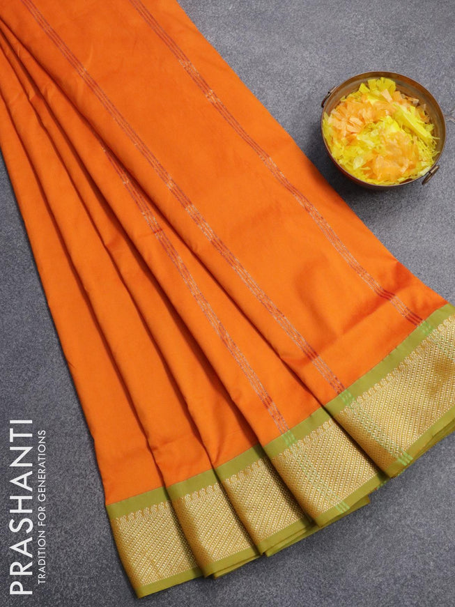 10 yards roopam silk saree orange and light green with plain body and zari woven border without blouse - {{ collection.title }} by Prashanti Sarees