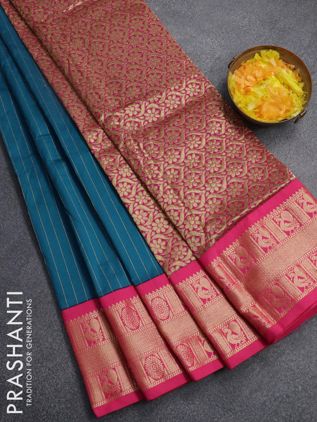 10 yards roopam silk saree peacock blue and pink with allover zari woven stripes pattern and annam zari woven border without blouse - {{ collection.title }} by Prashanti Sarees