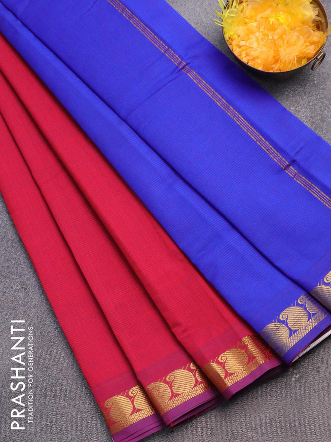 10 yards semi silk cotton saree dual shade of redish blue and blue with plain body and paisley zari woven border without blouse - {{ collection.title }} by Prashanti Sarees
