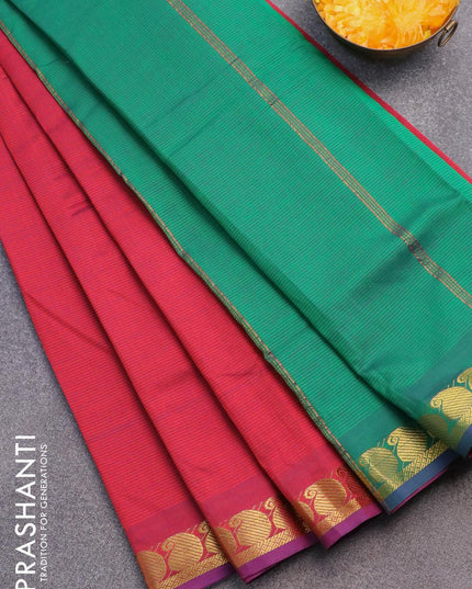 10 yards semi silk cotton saree dual shade of redish blue and green with plain body and paisley zari woven border without blouse - {{ collection.title }} by Prashanti Sarees