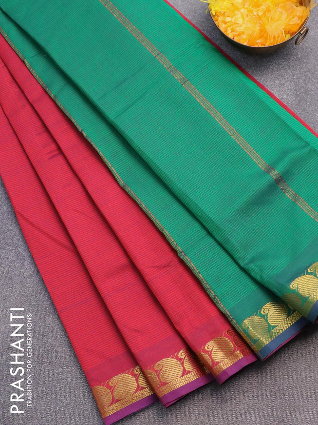 10 yards semi silk cotton saree dual shade of redish blue and green with plain body and paisley zari woven border without blouse - {{ collection.title }} by Prashanti Sarees
