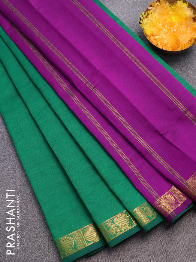 10 yards semi silk cotton saree green and purple with plain body and rudhraksha & annam zari woven border without blouse - {{ collection.title }} by Prashanti Sarees