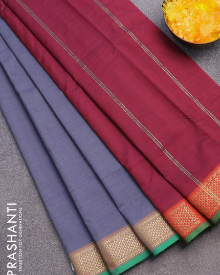 10 yards semi silk cotton saree grey and maroon with plain body and zari woven border without blouse - {{ collection.title }} by Prashanti Sarees