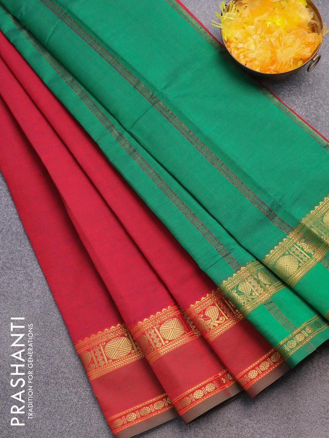 10 yards semi silk cotton saree maroon and green with plain body and rettapet zari woven border without blouse - {{ collection.title }} by Prashanti Sarees