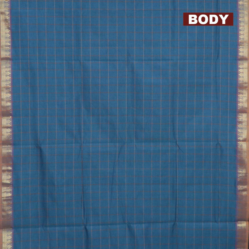 10 yards semi silk saree cs blue and dark mustard with allover checked pattern and zari woven border without blouse - {{ collection.title }} by Prashanti Sarees