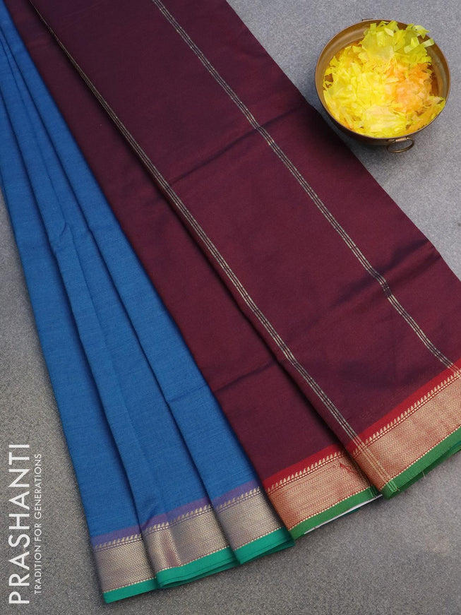 10 yards semi silk saree cs blue and deep maroon with plain body and zari woven border without blouse - {{ collection.title }} by Prashanti Sarees