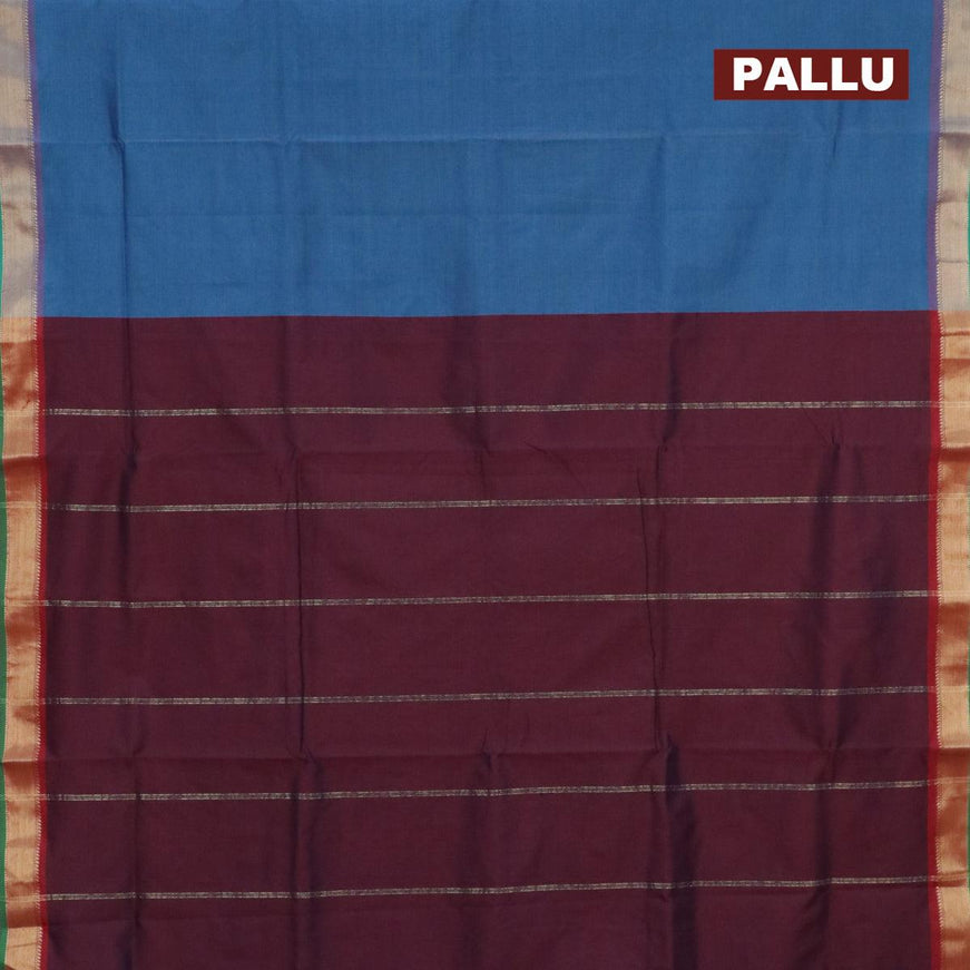 10 yards semi silk saree cs blue and deep maroon with plain body and zari woven border without blouse - {{ collection.title }} by Prashanti Sarees