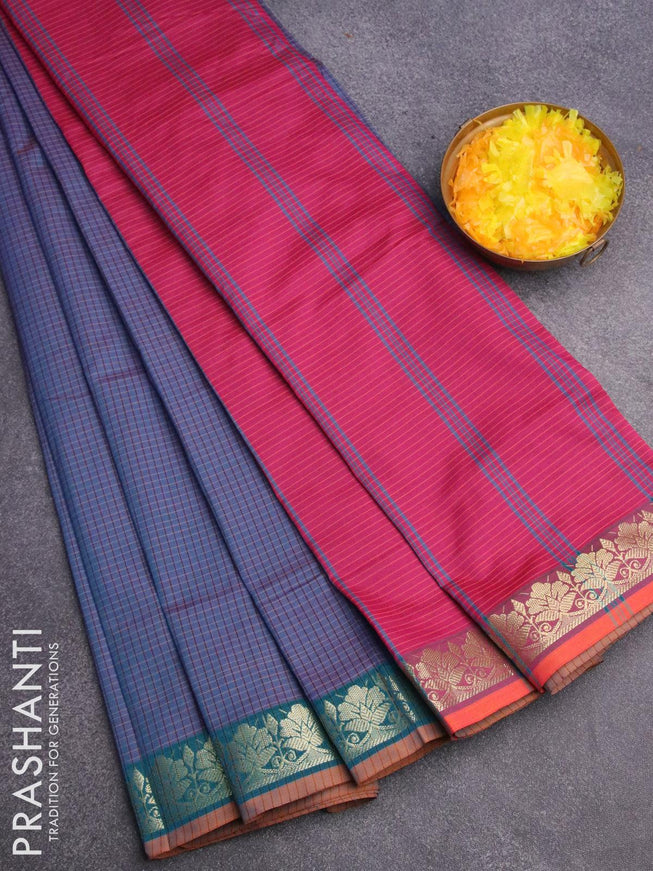 10 yards semi silk saree cs blue and magenta pink with allover small checked pattern and zari woven border without blouse - {{ collection.title }} by Prashanti Sarees