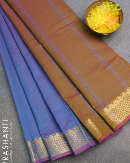 10 yards semi silk saree dual shade of blue and dual shade of mustard with plain body and zari woven border without blouse - {{ collection.title }} by Prashanti Sarees