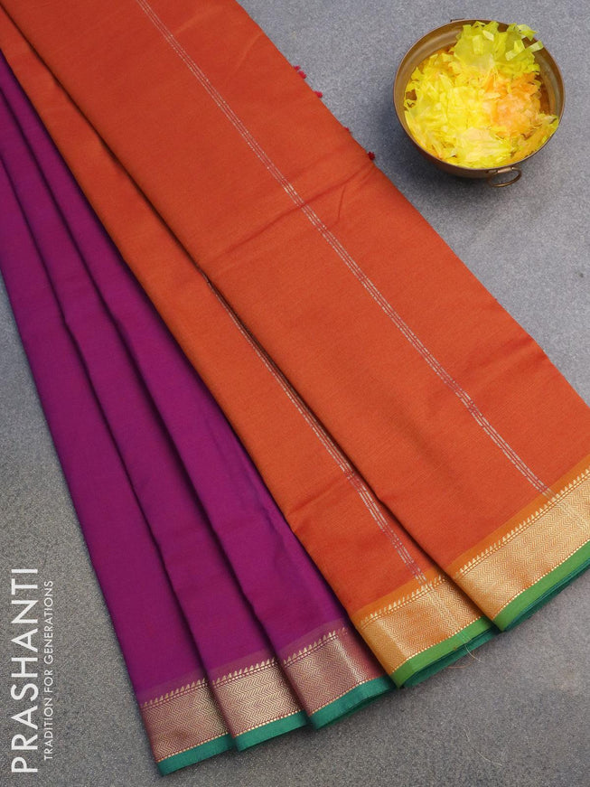 10 yards semi silk saree dual shade of purple and rustic orange with plain body and zari woven border without blouse - {{ collection.title }} by Prashanti Sarees