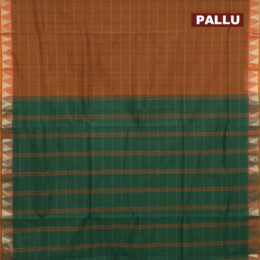 10 yards semi silk saree green and dark mustard with allover checked pattern and temple design zari woven border without blouse - {{ collection.title }} by Prashanti Sarees