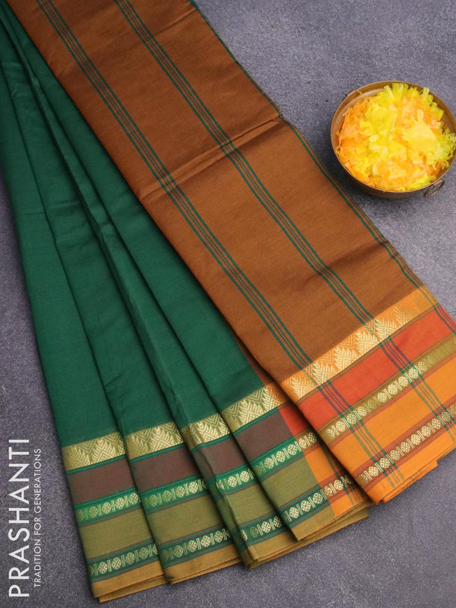 10 yards semi silk saree green and dark mustard with plain body and zari woven simple border without blouse - {{ collection.title }} by Prashanti Sarees